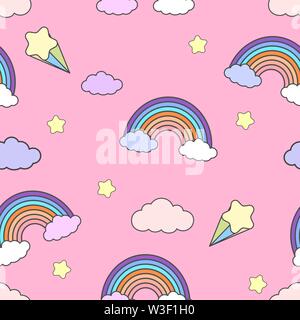 Vector seamless pattern with rainbows Illustration in cartoon style with rainbow, clouds, and stars on a pink background Stock Vector