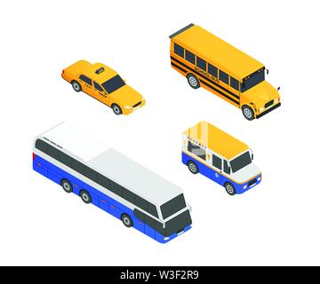 Public transport vehicles - modern vector isometric colorful elements Stock Vector