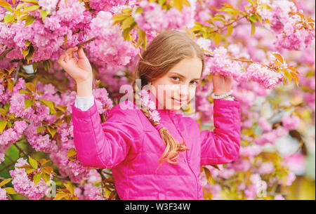 Little girl enjoy spring. Kid on pink flowers of sakura tree background. Kid enjoying pink cherry blossom. Tender bloom. Pink is the most girlish color. Bright and vibrant. Pink is my favorite. Stock Photo