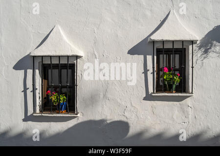 White wall and grate of a window with flowers, white village of Mijas. Malaga province Costa del Sol. Andalusia, Southern Spain Europe Stock Photo
