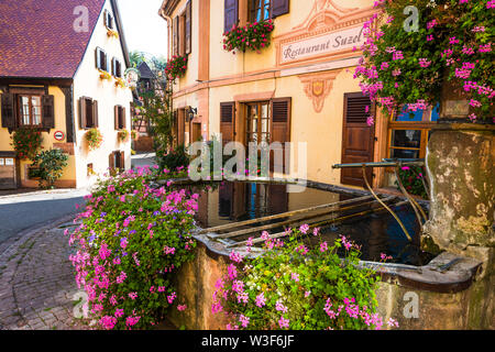 old scenic well with exuberant flower decoration in Hunawihr, typical for Alsace Wine Route, France, member of the most beautiful villages of France Stock Photo