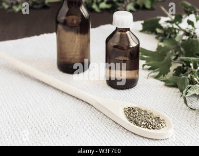 Valuable medicinal plant-motherwort with flowers and leaves on a white background. Next comes the plant in dried and crushed form for the preparation Stock Photo
