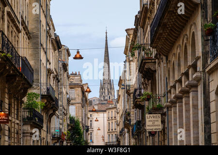 Historical center street and La Flèche, Bell tower. Bordeaux, Gironde. Aquitaine region. France Europe