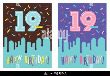 Birthday greeting card with cake and 19 candle Stock Vector