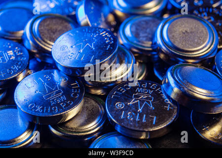 Button batteries for recycling Stock Photo