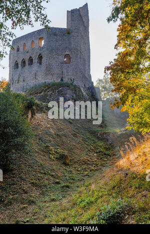 castle ruin of the village Andlau with autumn foliage, Alsace, France, Spesburg, Château de Spesbourg with gothic windows Stock Photo