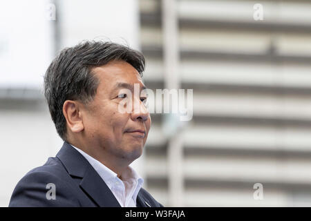 Tokyo, Japan. 15th July, 2019. Yukio Edano leader of the Constitutional Democratic Party of Japan (CDP) attends a campaign event outside Shinjuku Station. Edano showed support for the party fellow candidates for the July 21 House of Councillors election. Credit: Rodrigo Reyes Marin/AFLO/Alamy Live News Stock Photo