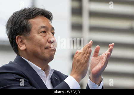 Tokyo, Japan. 15th July, 2019. Yukio Edano leader of the Constitutional Democratic Party of Japan (CDP) attends a campaign event outside Shinjuku Station. Edano showed support for the party fellow candidates for the July 21 House of Councillors election. Credit: Rodrigo Reyes Marin/AFLO/Alamy Live News Stock Photo