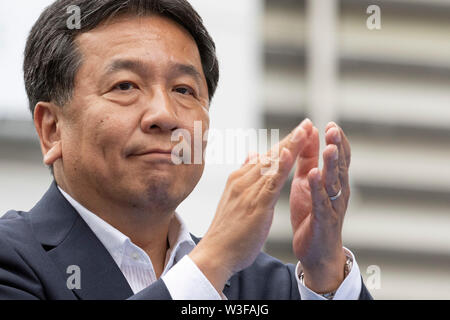 Tokyo, Japan. 15th July, 2019. Yukio Edano leader of the Constitutional Democratic Party of Japan (CDP) attends a campaign event outside Shinjuku Station. Edano showed support for the party fellow candidates for the July 21 House of Councillors election. Credit: Rodrigo Reyes Marin/AFLO/Alamy Live News Stock Photo