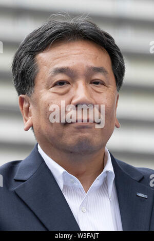 Tokyo, Japan. 15th July, 2019. Yukio Edano leader of the Constitutional Democratic Party of Japan (CDP) attends a campaign event outside Shinjuku Station. Edano showed support for the party fellow candidates for the July 21 House of Councillors election. Credit: Rodrigo Reyes Marin/AFLO/Alamy Live News Stock Photo