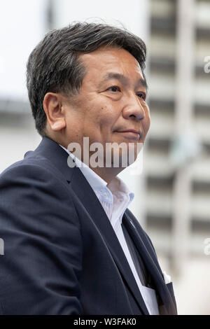 Tokyo, Japan. 15th July, 2019. Yukio Edano leader of the Constitutional Democratic Party of Japan (CDP) attends a campaign event outside Shinjuku Station. Edano showed support for the party fellow candidates for the July 21 House of Councillors election. Credit: Rodrigo Reyes Marin/AFLO/Alamy Live News Stock Photo