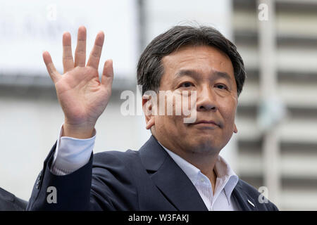 Tokyo, Japan. 15th July, 2019. Yukio Edano leader of the Constitutional Democratic Party of Japan (CDP) attends a campaign event outside Shinjuku Station. Edano showed support for the party fellow candidates for the July 21 House of Councillors election. Credit: Rodrigo Reyes Marin/AFLO/Alamy Live News Stock Photo