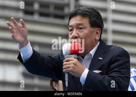 Tokyo, Japan. 15th July, 2019. Yukio Edano leader of the Constitutional Democratic Party of Japan (CDP) delivers a street speech outside Shinjuku Station. Edano showed support for the party fellow candidates for the July 21 House of Councillors election. Credit: Rodrigo Reyes Marin/AFLO/Alamy Live News Stock Photo