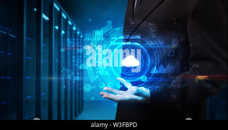 Man holding hologram projection displaying biometric security concept Stock Photo