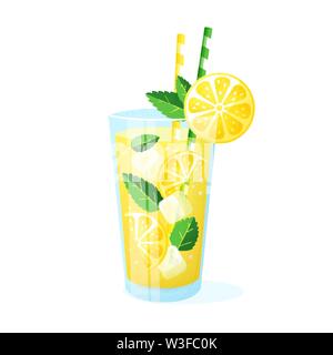 Lemonade in a glass. Vector illustration isolated on white background. Summer fruit drink with straws, lemon slices, ice cubes and mint leaves. Stock Vector