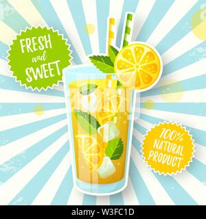 Banner with lemonade. Vector illustration with glass of fresh summer drink with lemon slices, ice cubes and mint leaves on retro background. Stock Vector