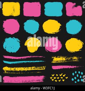 Paint brush strokes and grunge stains isolated on black background. Colorful vector design elements for paintbrush texture, frame, background, banner. Stock Vector