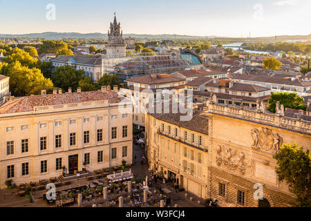 Avignon, France - October 3, 2018: Aerial view over old town at sunset of Avignon in Provence region which set on the Rhone river. Stock Photo