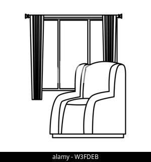 House sofa armchair with window and curtains in black and white Stock Vector