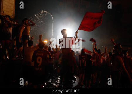 Palma de Mallorca / Spain - June 23, 2019: Supporters of Real Mallorca soccer team celebration as the team promotes to first division on next 2019-201 Stock Photo