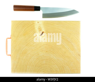 Japanese kitchen deba knife and wood butcher block countertop on white background Stock Photo
