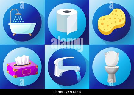 Bathroom flat colored icon set vector - Toilet, water tap, napkins, toilet paper, towels, shower, washcloth and bath sponge, Stock Vector