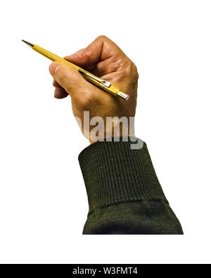Top view right hand holding pencil isolated on white background Stock Photo