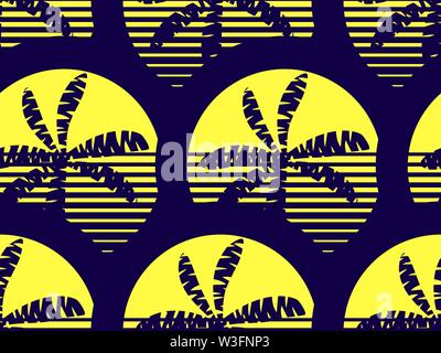 Palm trees and sun seamless pattern. Yellow and black color. Vector illustration Stock Vector