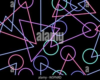 Glowing neon shapes on a black background. Seamless pattern in 80s style. Vector illustration Stock Vector