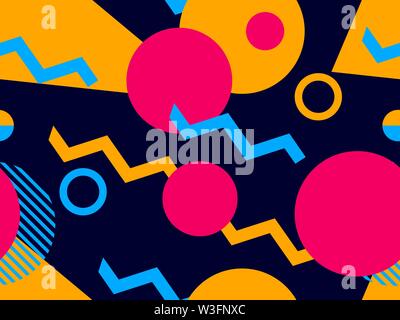 Geometric seamless pattern style of the 80s. Triangles, circles and points. Background for wrapping paper, print, fabric and printing. Vector illustra Stock Vector