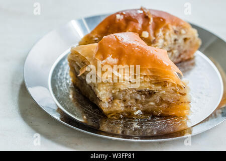 Baklava / Homemade Azerbajian Style with Walnut in Silver Plate / Pakhlava / Baklawa. Traditional Dessert. Stock Photo