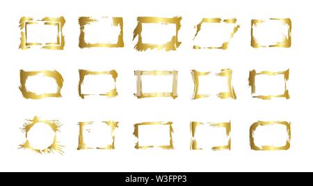 Vector Set of dry brush frames. Hand drawn artistic frames. Golden engraved ink art. Isolated illustration element. Stock Vector
