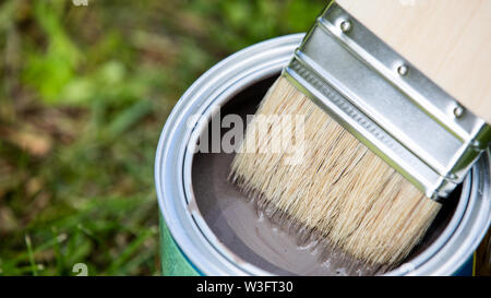 Open can of brown paint with brush Stock Photo