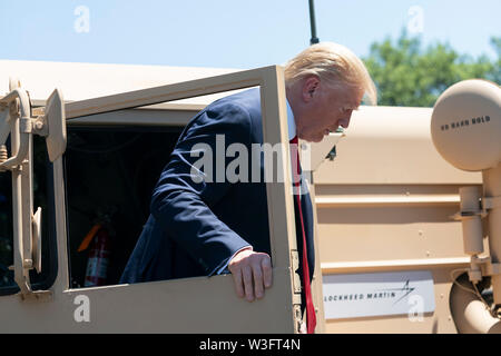 July 15, 2019 - Washington, DC, United States: United States President Donald J. Trump exits a THAAD (Terminal High Altitude Area Defense) missile launcher on display at the 3rd Annual Made in America Product Showcase at the White House. Credit: Chris Kleponis/Pool via CNP | usage worldwide Stock Photo