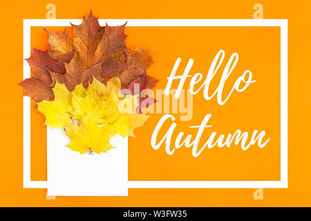 Creative Top view flat lay autumn concept composition. Envelope dried bright autumn leaves orange paper background. Inspirational message Hello autumn Stock Photo