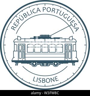 Vintage city tram - tramway in Lisbon, Portugal emblem, outline of retro tramcar Stock Vector