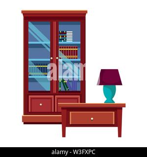 House wooden library and light lamp on drawer Stock Vector