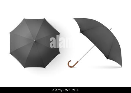 Vector 3d Realistic Render Black Blank Umbrella Icon Set Closeup Isolated on White Background. Design Template of Opened Parasols for Mock-up Stock Vector