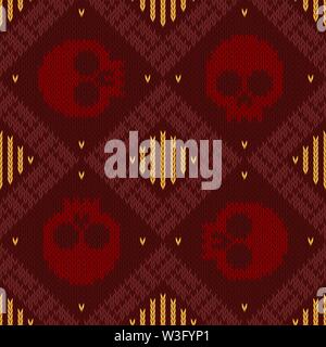 Knitted woolen seamless pattern with skulls in red shades to the day of the dead Stock Vector