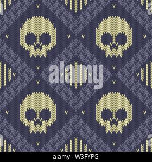 Knitted woolen seamless pattern with skulls in blue tones Stock Vector