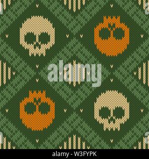Knitted woolen seamless pattern with skulls in green shades Stock Vector