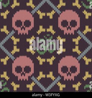 Seamless knitted pattern with sacred Hinduism symbol. Sacred syllable, symbol or mantra Om. Pink skull and bones Stock Vector