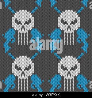Skull and pistols. Seamless knitted woolen pattern with a skull and two revolvers Stock Vector