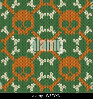 Skull and Bones. Knitted seamless woolen pattern in green shades Stock Vector