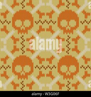 Skull and Bones. Knitted seamless woolen pattern in beige shades Stock Vector