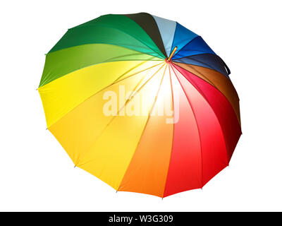 Rainbow colored illuminated umbrella. Isolated on white, clipping path included Stock Photo