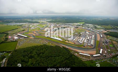 Silverstone Circuit aerial view on F1 race day 2019 from a helicopter above the Northamptonshire circuit. Stock Photo