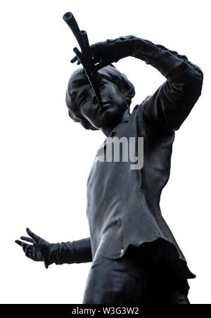 Bronze statue of Peter Pan by sculptor Peter Frampton outside the Palm House at Sefton Park, Liverpool (UK). Only 7 sculptures were cast from the orig Stock Photo