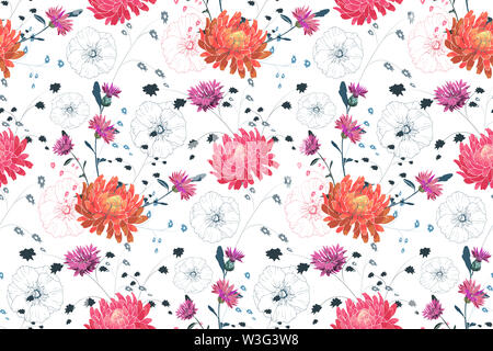 Art floral seamless pattern. Pink and orange asters, purple cornflowers, pink mallow. Garden flowers on white background. Stock Photo