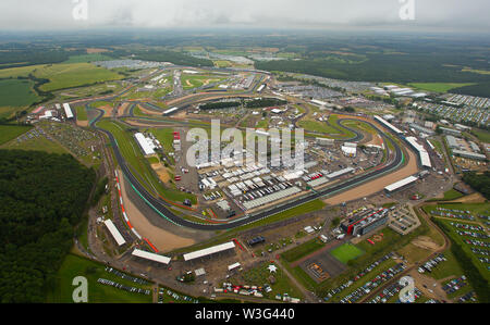 Silverstone Circuit aerial view on F1 race day 2019 from a helicopter above the Northamptonshire circuit. Stock Photo